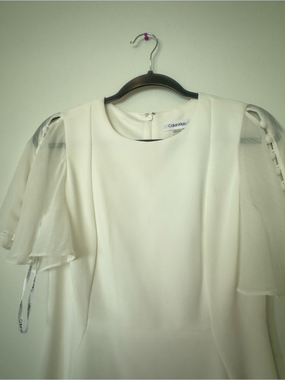 Calvin Klein White Sheer Flutter Sleeve Blouse